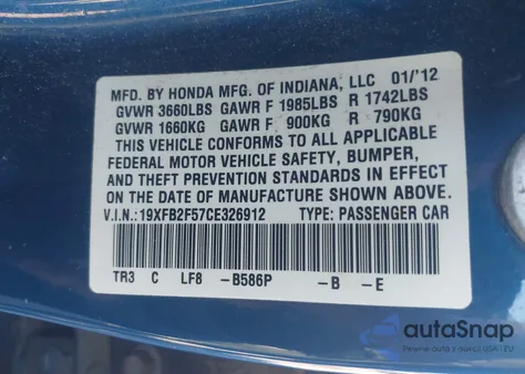 2012 Honda Civic Lx from USA, damaged, VIN 19XFB2F57CE326912